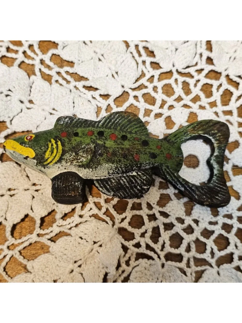 Vintage 5in Cast Iron “Painted Trout” and 3.5 IN Black Bear Bottle Opener 
